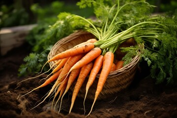 Bright orange carrots with green tops are freshly harvested and laid in a wicker basket, placed on rich, dark soil with a garden background.