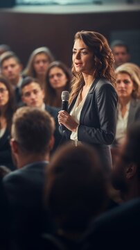 A woman in a business suit speaks confidently into a microphone, addressing an attentive audience in a professional setting.