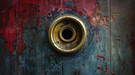 Close-up of a door with a prominent gold-colored round door peephole