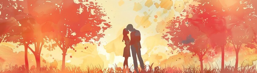 Capture a romantic moment in a pre-wedding style with a frontal view, depicting the couples love in a warm, soft watercolor painting with gentle pastel hues