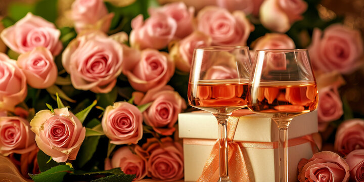 A cozy and intimate celebration setting with two glasses of rose wine, a bouquet of pink roses, and a gift box with a golden ribbon