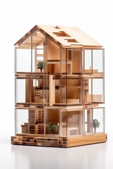 A detailed architectural model of a modern three-story house, featuring wooden elements and glass panels.