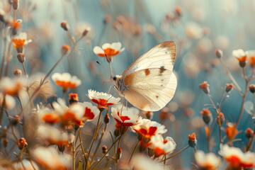 A white butterfly is sitting on a flower in a field of flowers