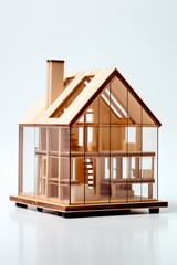 The image shows a wooden architectural model of a house with transparent glass walls, showcasing the interior structure and design.