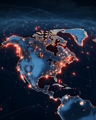 A digital visualization of North America glowing with interconnected lights, symbolizing connectivity and technology.