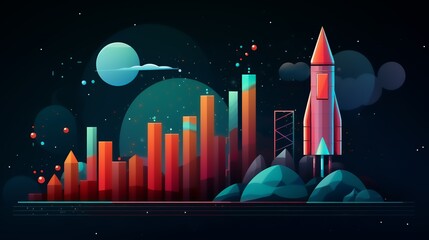 A vibrant, futuristic illustration featuring a rocket, abstract bar graphs, geometric shapes, and a space-themed background with planets and stars.