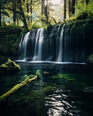 A serene waterfall cascades into a tranquil forest pool surrounded by lush green foliage and moss-covered rocks, creating a peaceful natural oasis.