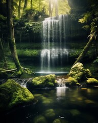 A serene waterfall cascades into a tranquil forest pool surrounded by lush green moss-covered rocks and ferns under soft sunlight.