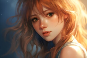 Brief A digital painting of a young woman with long, wavy hair. She has a thoughtful and soft expression with a serene background.