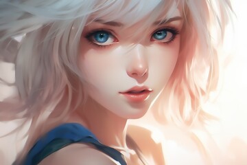 A digitally painted anime-inspired character with platinum blonde hair and blue eyes, soft lighting enhances the delicate features.