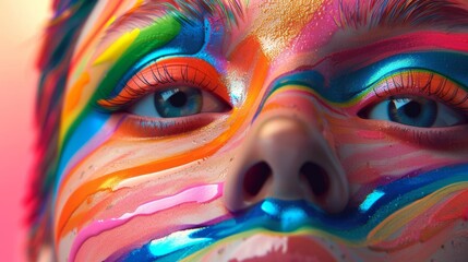 Craft a visually captivating low-angle portrait featuring a persons face adorned with rainbow-colored makeup