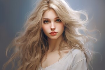 A young woman with long, flowing blonde hair and green eyes is portrayed in a soft, ethereal light, wearing a simple white top.