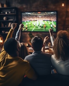 A group of friends excitedly watches a soccer match on TV, raising their fists in celebration in a cozy, dimly-lit room.