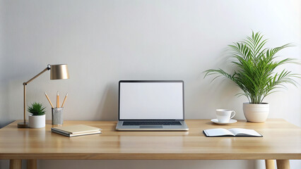 A minimalist workspace with a laptop and notebook, offering plenty of blank space for presentations.