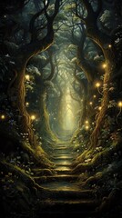 Obraz premium Mystical forest pathway illuminated by glowing lights, surrounded by dense trees and foliage, evoking a sense of enchantment and mystery.