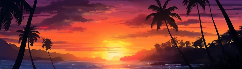 A vibrant sunset over a tropical beach with silhouettes of palm trees and a colorful sky reflecting on the calm ocean water.