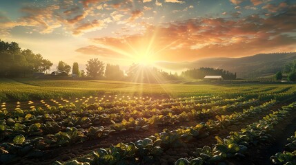Harvesting organic vegetables at sunrise, golden hour, wide angle, lush farm backdrop, rich colors, serene ambiance