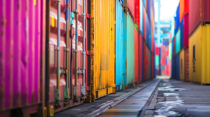 The photo shows a colorful array of shipping containers in a shipyard, with a long railroad track running through the center.