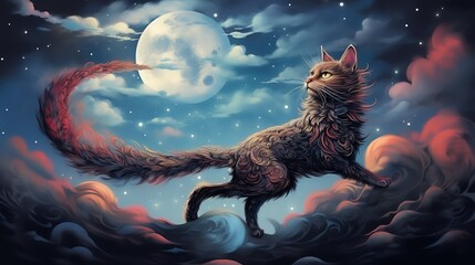 A majestic, fluffy cat with a long, flowing tail walks gracefully on clouds under a full moon in a dreamy, star-filled night sky.