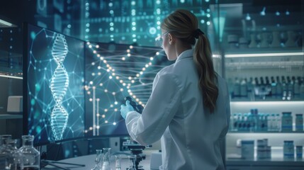 In a stateoftheart lab, a female scientist uses digital screens for advanced DNA analysis, focusing on genetics, genomics, and medical innovation, showcasing cuttingedge technology in research
