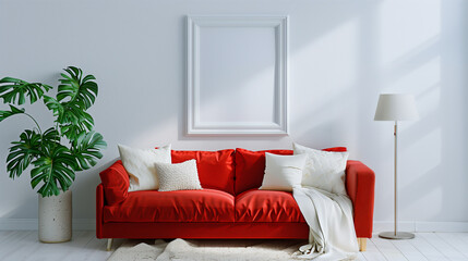 Bright Living Room with Red Couch and Framed Picture - Perfect for Interior Design, Home Decor, and Modern Living Spaces
