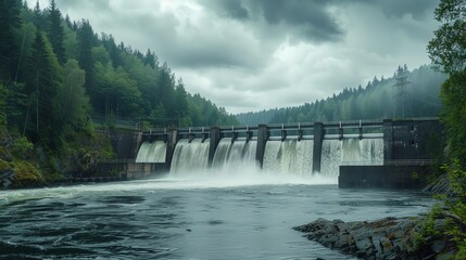 Hydroelectric dam with water flowing, surrounded by forest, overcast sky, panoramic view, natural and powerful