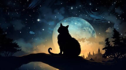 A cat sits on a tree branch at night, silhouetted against a large moon and a starry sky, with a castle-like structure in the distant background.