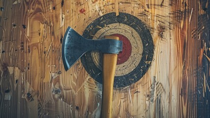 Axe embedded in wooden target after precise throw