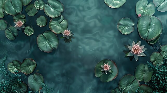 Lily pad pond, serene midday light, topdown view, emerald green leaves, delicate pink petals, smooth water texture