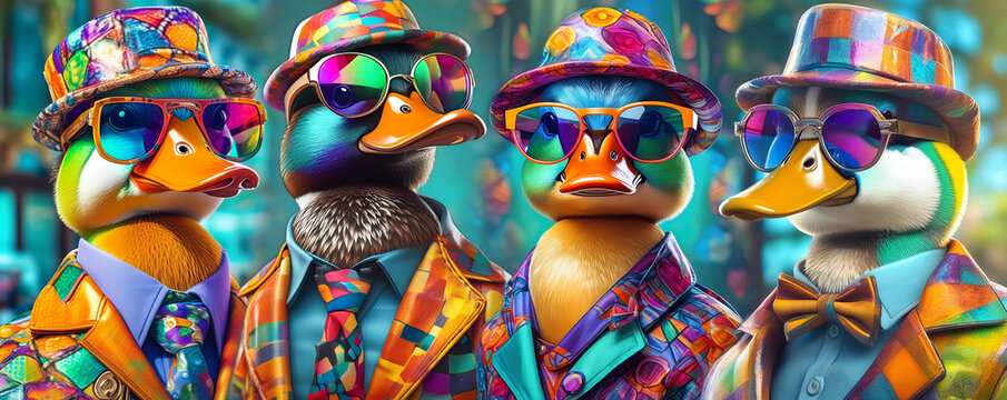 컬러풀한 복장을 한 오리 형제들(4마리), 썬글라스와 모자 착용-Four ducks in colorful outfits wearing sunglasses and hats