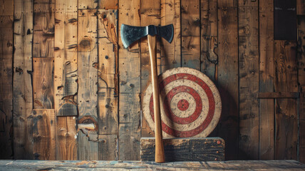 Axe leaning on wooden target board with marks rustic background