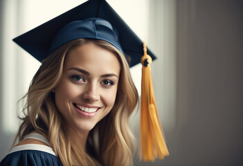 young and happy American woman in cap and gown , isolated white background
