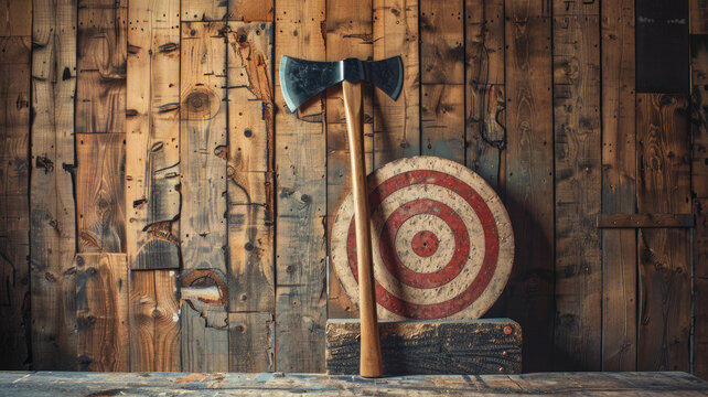 Axe leaning on wooden target board with marks rustic background