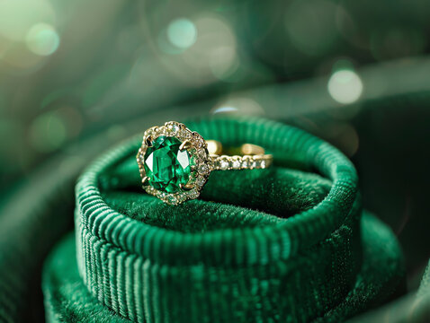 The ring is made of yellow gold and has a large emerald in the center. The emerald is surrounded by a halo of diamonds. The ring is sitting on a green velvet box.