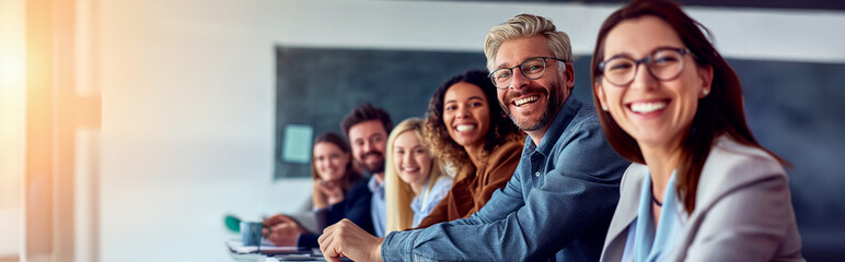 Fototapeta premium Diverse group of smiling business people in meeting. Team collaboration, professional diversity, positive work environment.