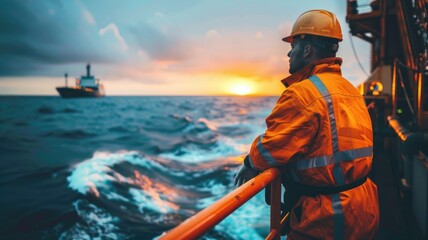 Worker in safety gear watching cargo ship at sea during sunset