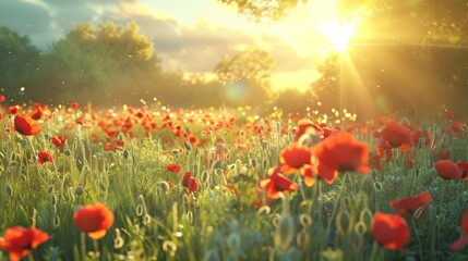 Obraz premium Enchanting Field of Red Poppies Bathed in Warm Sunlight Showcasing Nature's Artistry