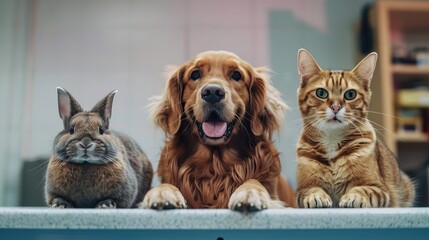 a dog, a cat and a rabbit are getting vaccinatde by a vet The look happy unsplash,