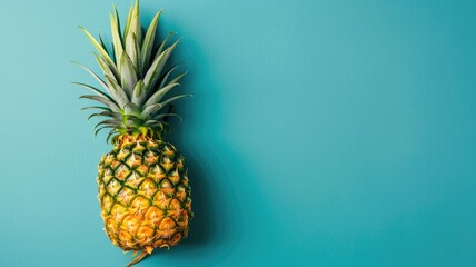 Fresh pineapple on blue background, top view