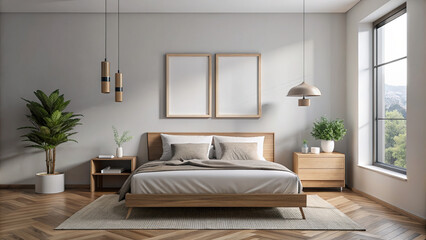 A minimalist bedroom with a blank picture frame on the wall, ideal for interior design concepts or home decor ads