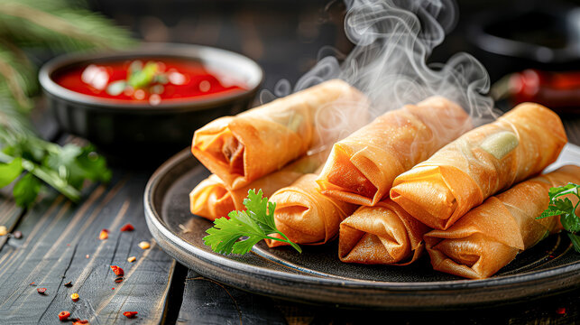 crispy texture of spring rolls with steam rising, placed beside a bowl of bright red sweet and sour sauce, fresh greens in the background, on a wooden tabletop