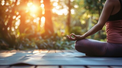 Person practicing yoga in serene, sunlit forest setting, highlighting peace and meditation