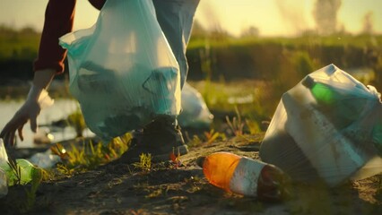 A volunteer wearing gloves collects trash on the beach using a plastic bag. He finds reusable bottles and disposable containers to recycle, showing the importance of fighting pollution