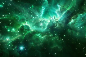Featuring a green nebula with stars and green lights, high quality, high resolution