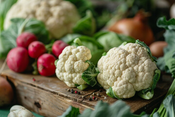 Fototapeta premium Fresh Organic Vegetables Including Cauliflower and Radishes on Wooden Surface