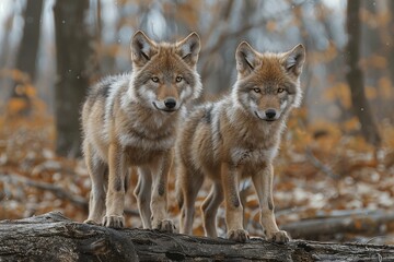 Featuring a two young wolves standing on a log in the woods, high quality, high resolution