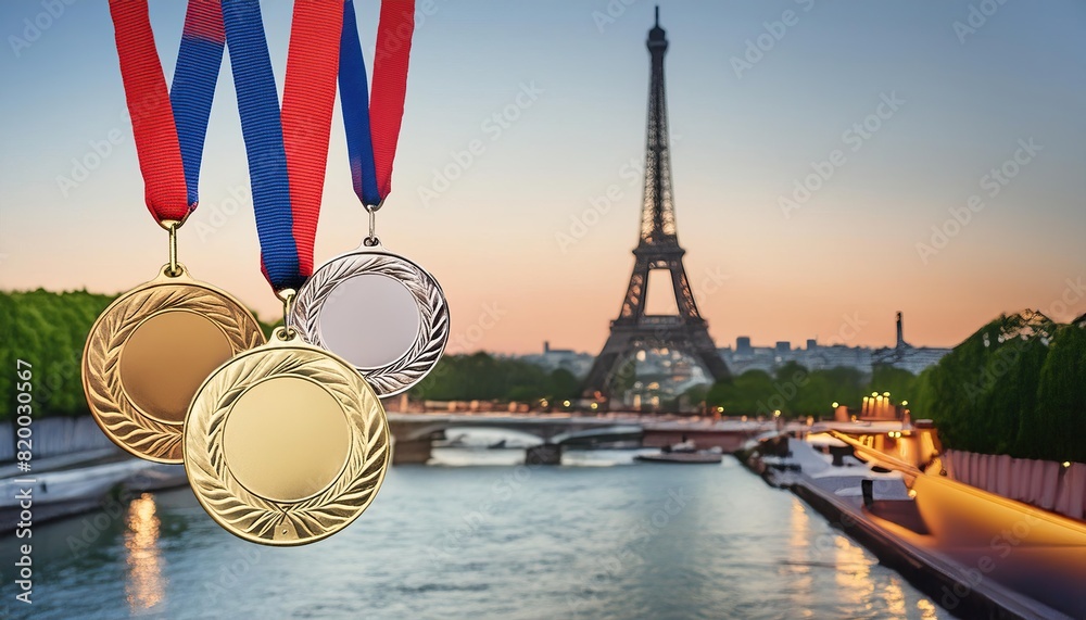 Wall mural medals against the backdrop of paris with the eiffel tower in a blurred background