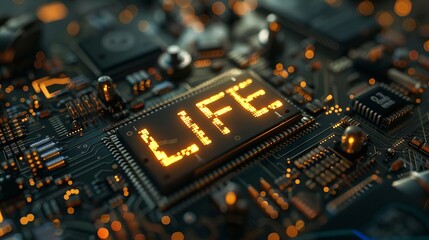 Obraz premium Illustration of the word life displayed on an electronic mainboard with AI text, symbolizing the intersection of AI and daily living