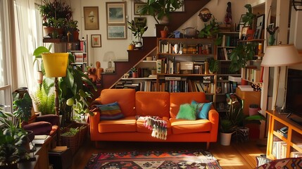 Bohemian style living room with orange sofa colored chairs books houseplants stair case and...