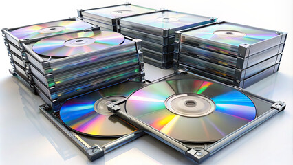 A collection of blank CD or DVD cases, symbolizing multimedia, storage, technology, or entertainment concepts.